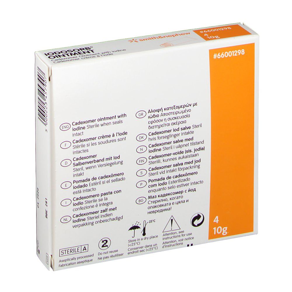 Rückseite der weißen Schachtel mit Produktinformationen in mehreren Sprachen. Enthält 4 Tuben.
