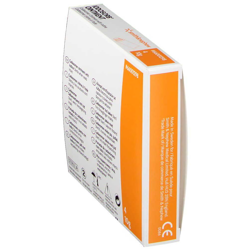 Schräg gestellte weiße Schachtel mit orangefarbenem Akzent und Produktinformationen. Enthält 4 Tuben.