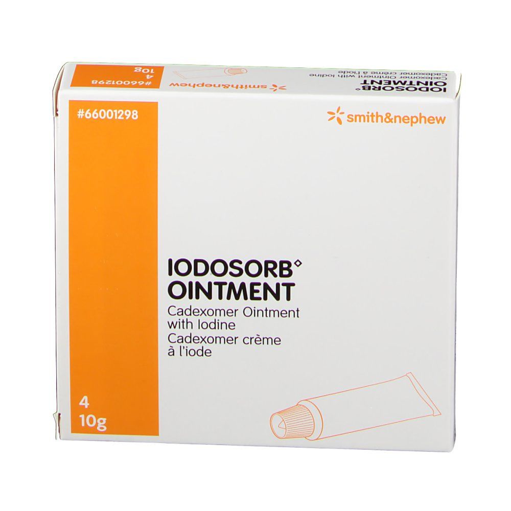 Weiße Schachtel mit Produktbezeichnung und Logo. Enthält 4 Tuben. Aufdruck: IODOSORB OINTMENT.