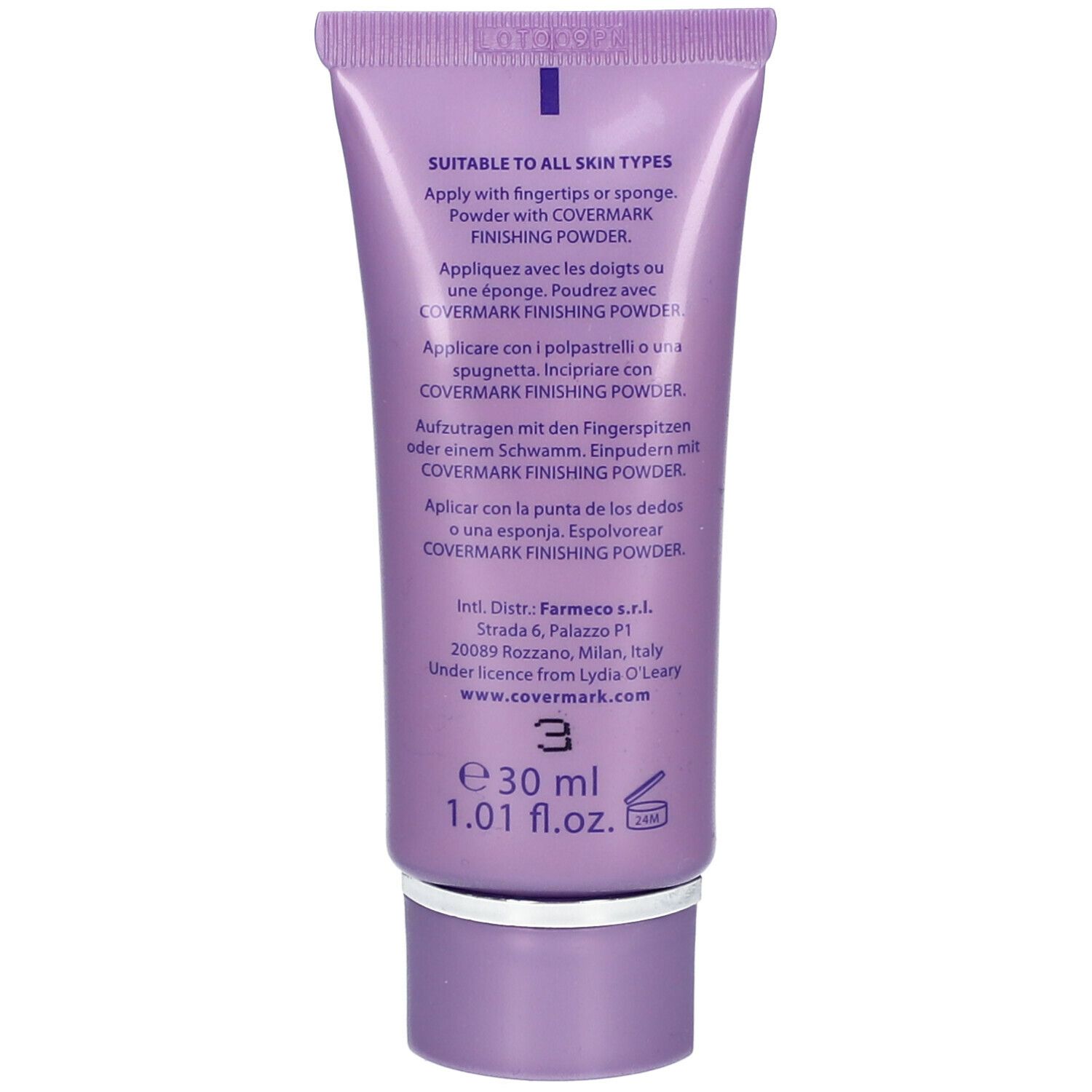 Dos du tube. Texte: Convient à tous les types de peau. Appliquer avec les doigts ou une éponge. Covermark Finishing Powder.