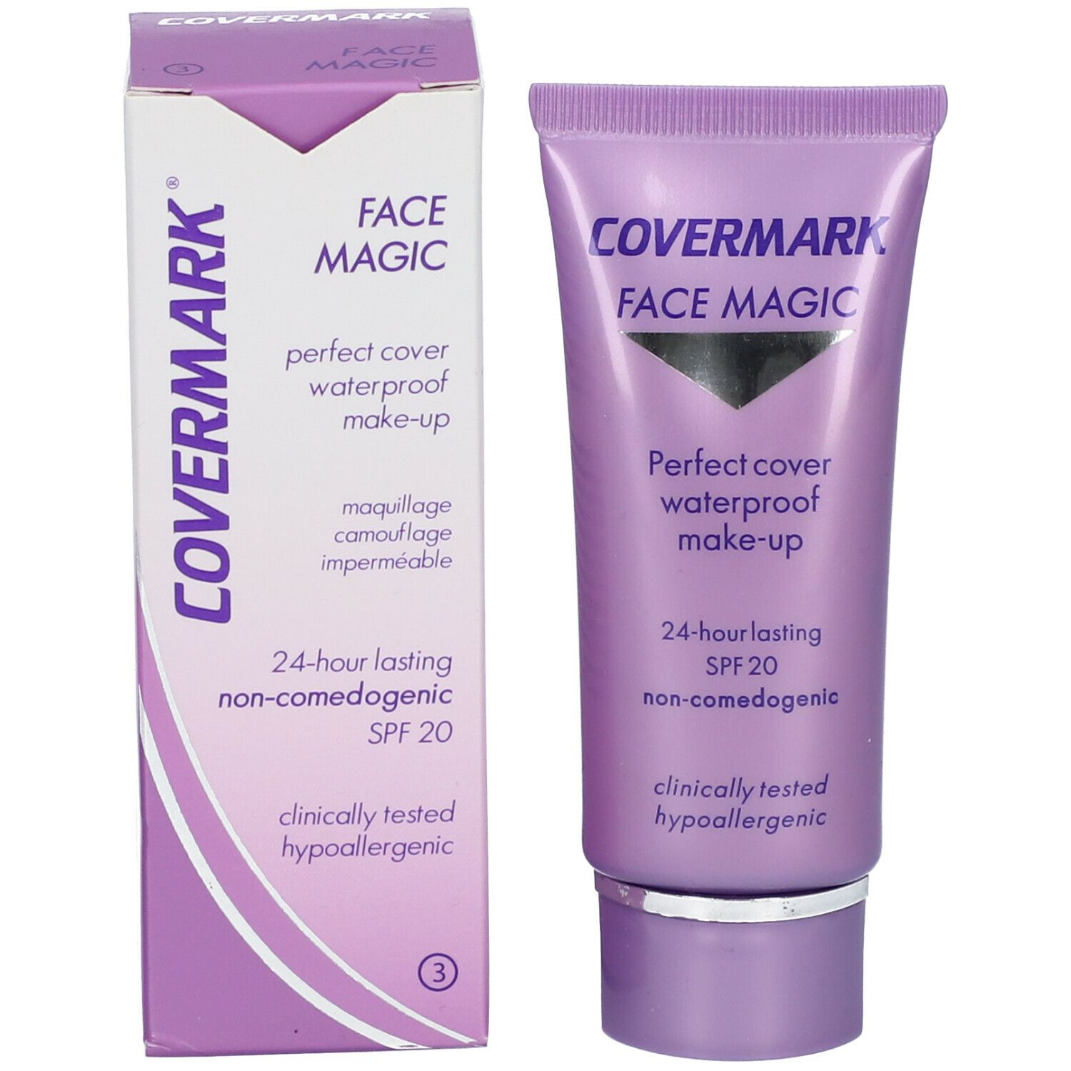 Tube et boîte Covermark Face Magic. Texte: Perfect cover waterproof make-up, SPF 20, non-comédogène. Hypoallergénique.