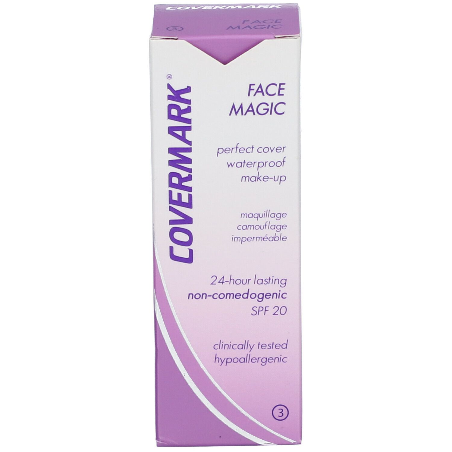 Boîte Covermark Face Magic. Texte: Perfect cover waterproof make-up, SPF 20, non-comédogène. Hypoallergénique.