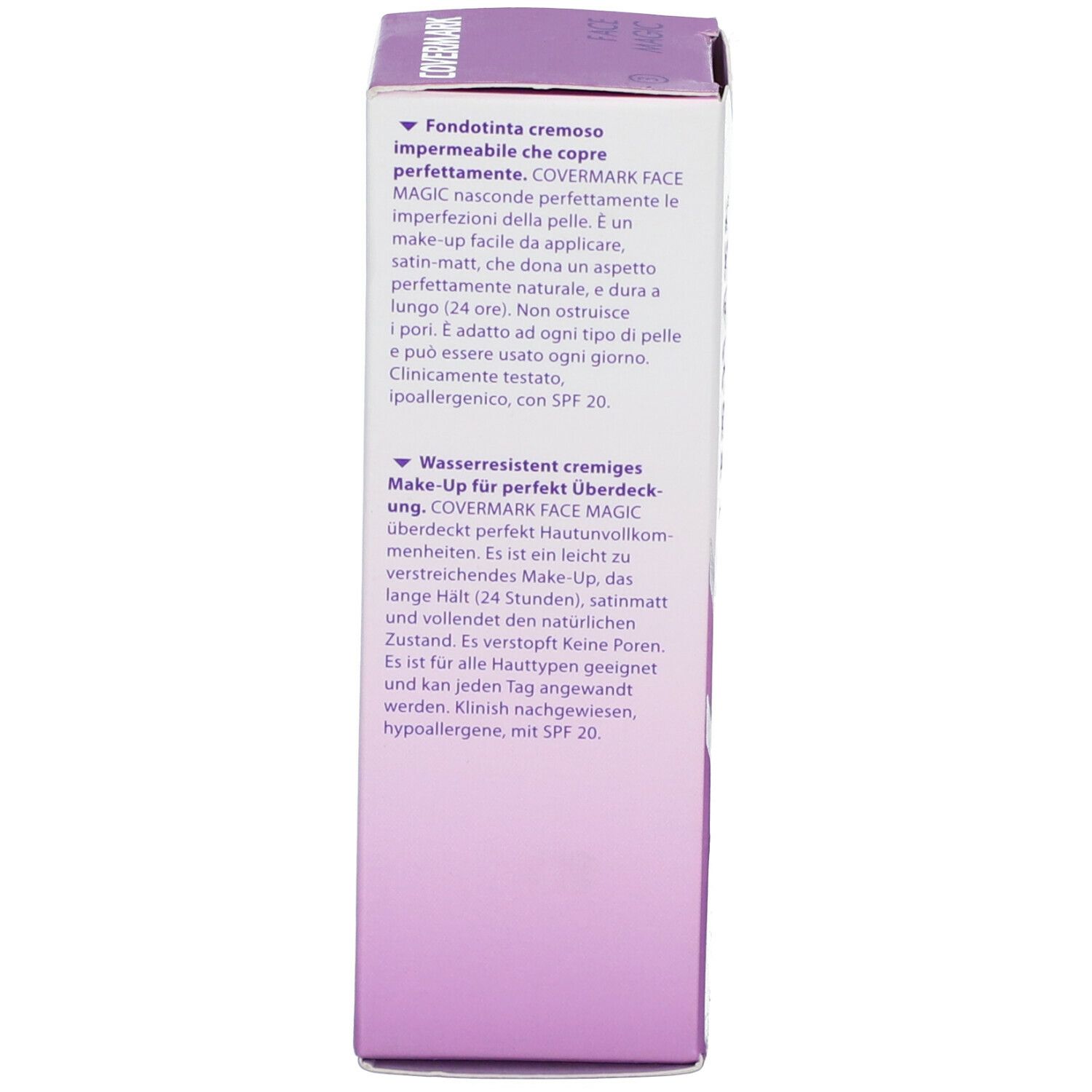 Texte de la boîte: Fondotinta cremoso impermeabile. Covermark Face Magic couvre parfaitement les imperfections. SPF 20.