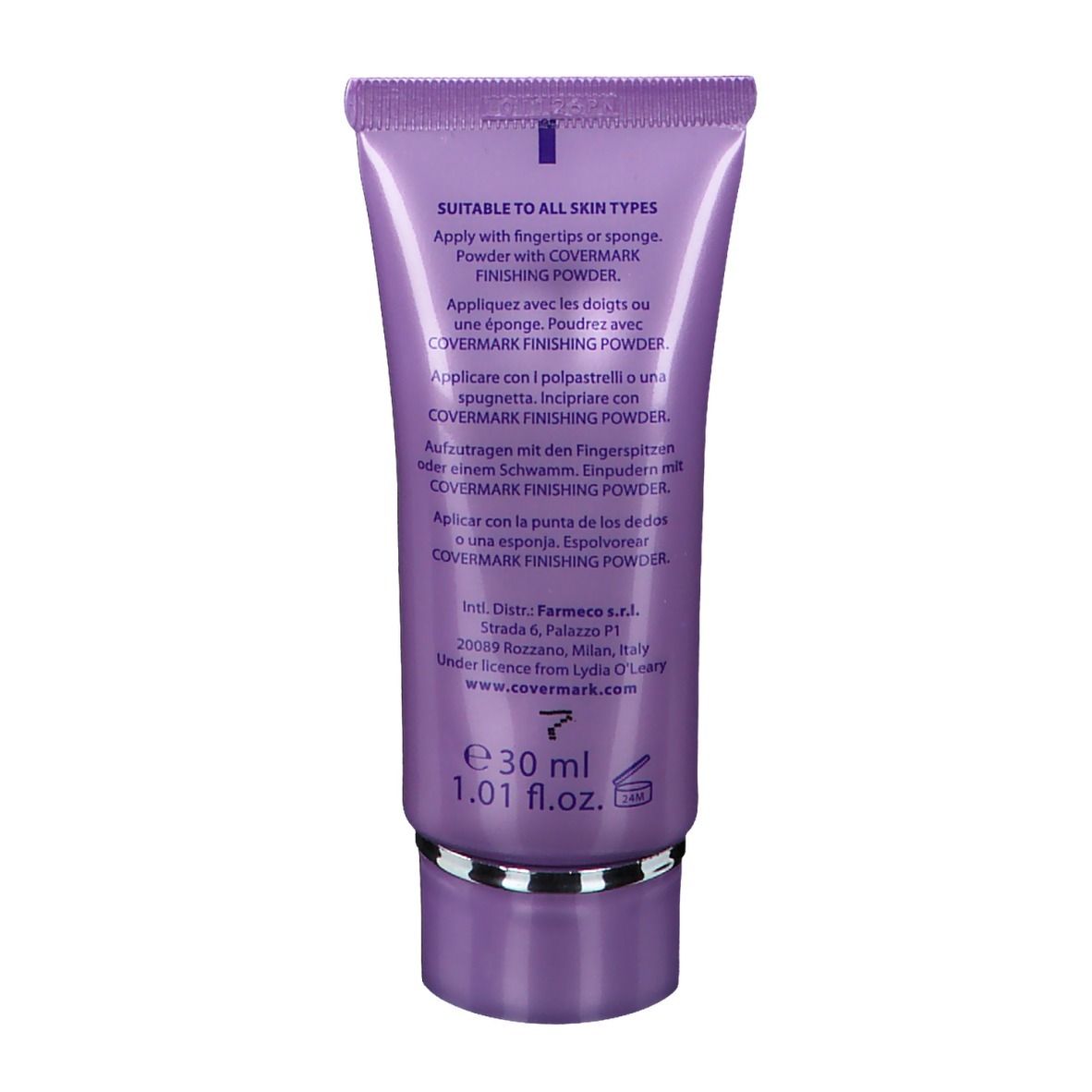 Dos du tube COVERMARK Face Magic Nr.7. Texte: Suitable to all skin types. Instructions en plusieurs langues. Volume: 30 ml.