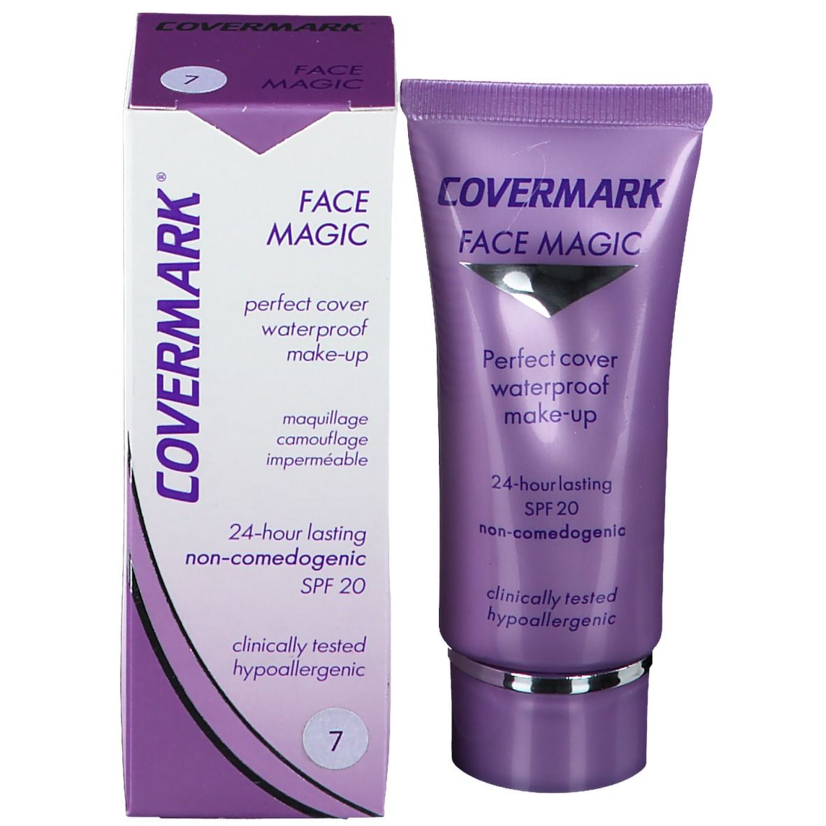 Tube et emballage COVERMARK Face Magic Nr.7. Tube violet et boîte blanche. Texte: COVERMARK, FACE MAGIC, SPF 20, Nr.7.