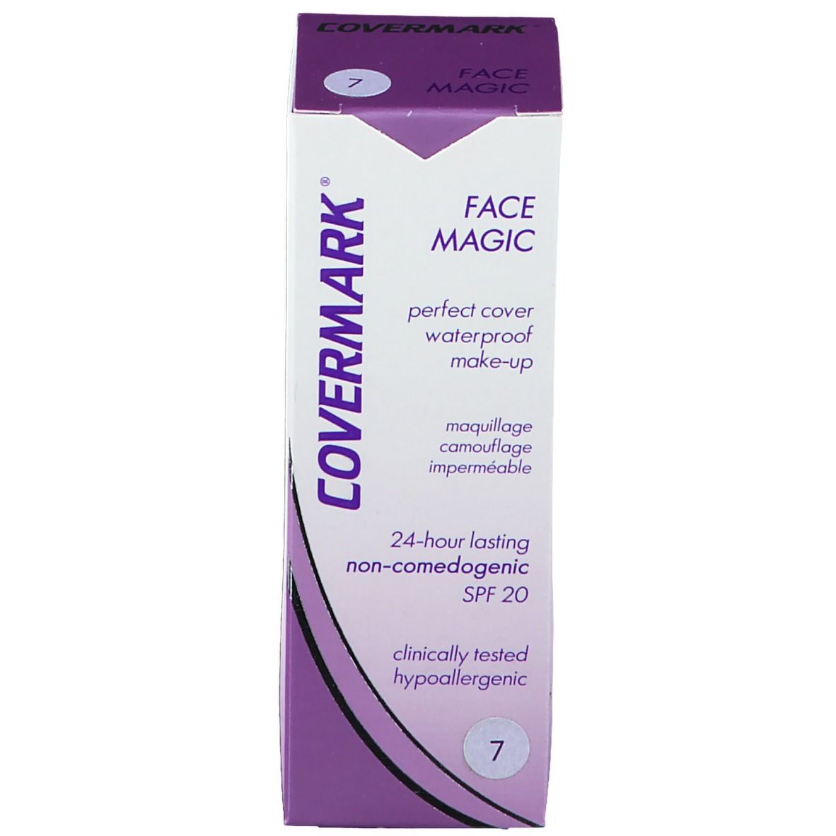 Emballage COVERMARK Face Magic Nr.7. Boîte blanche avec accents violets. Texte: COVERMARK, FACE MAGIC, SPF 20, Nr.7.