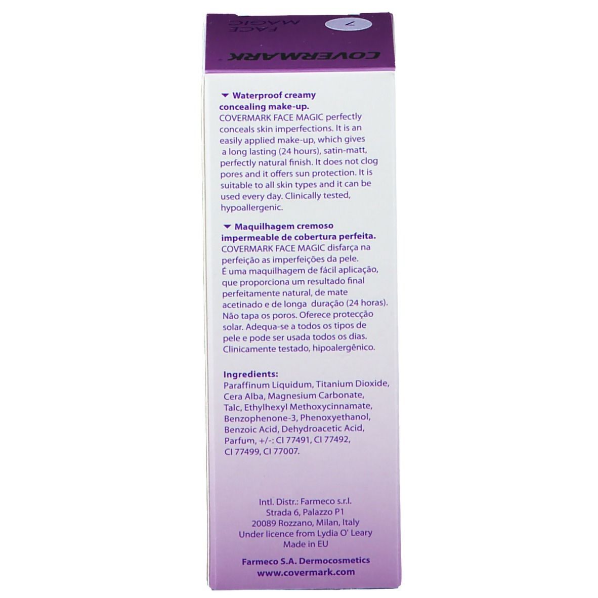 Emballage COVERMARK Face Magic Nr.7. Vue latérale détaillée. Texte en anglais et portugais. Ingrédients et informations fabricant.