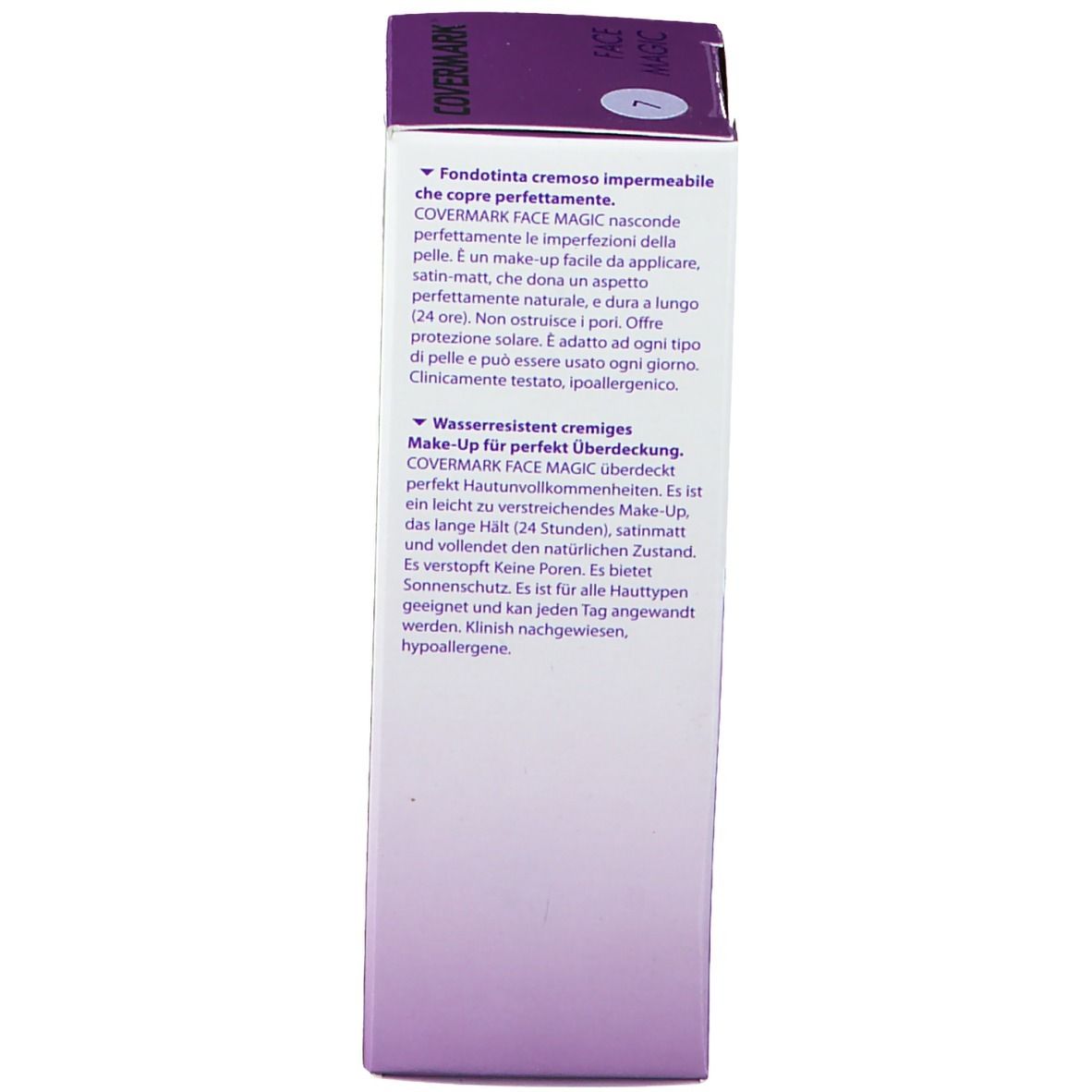 Emballage COVERMARK Face Magic Nr.7. Vue latérale détaillée. Texte en allemand. Description du produit et instructions.