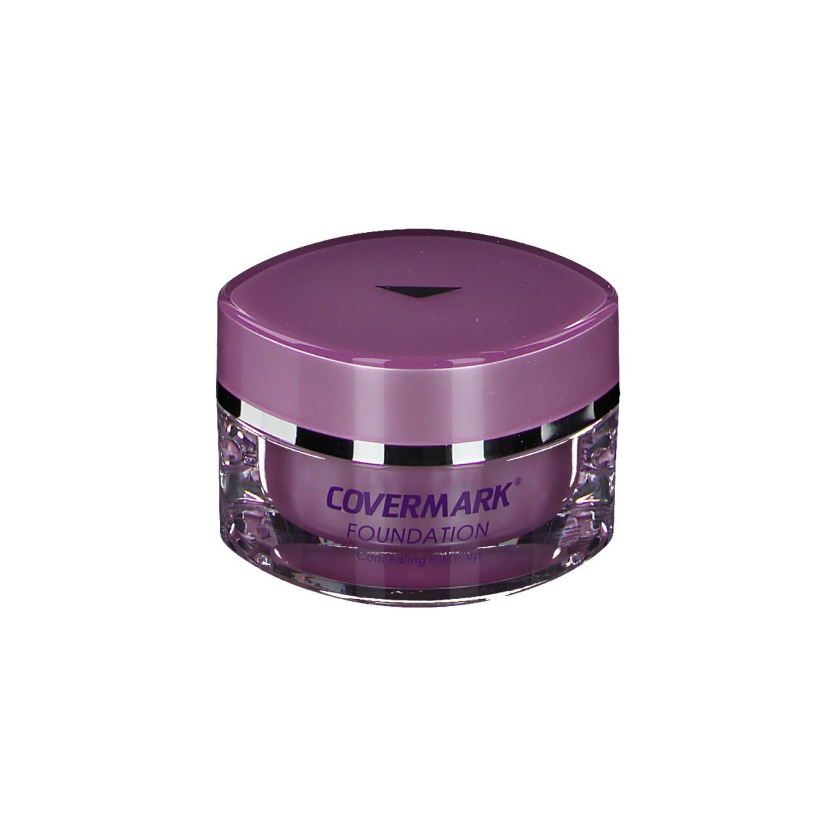 Covermark Foundation Nr. 10, couvercle lilas, pot transparent. Inscription: Covermark Foundation.
