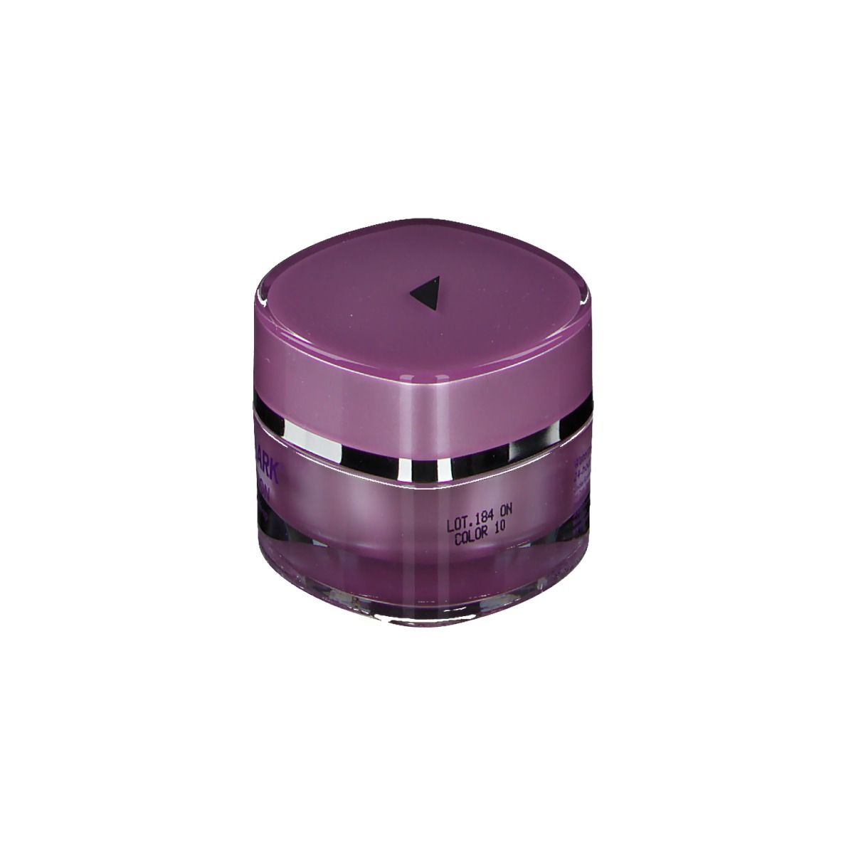 Covermark Foundation Nr. 10, couvercle lilas, pot transparent. Inscription: Covermark Foundation. Texte au dos.