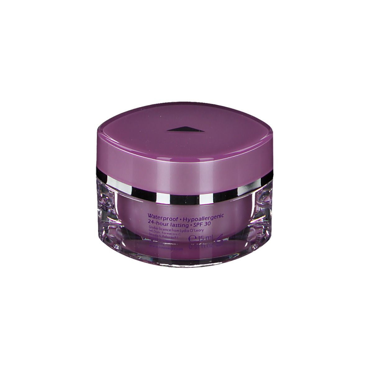 Covermark Foundation Nr. 10, couvercle lilas, pot transparent. Inscription: Covermark Foundation. Texte: Waterproof, SPF 30.