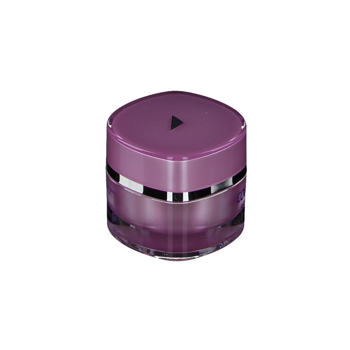 Covermark Foundation Nr. 10, couvercle lilas, pot transparent. Inscription: Covermark Foundation. Couvercle avec triangle.