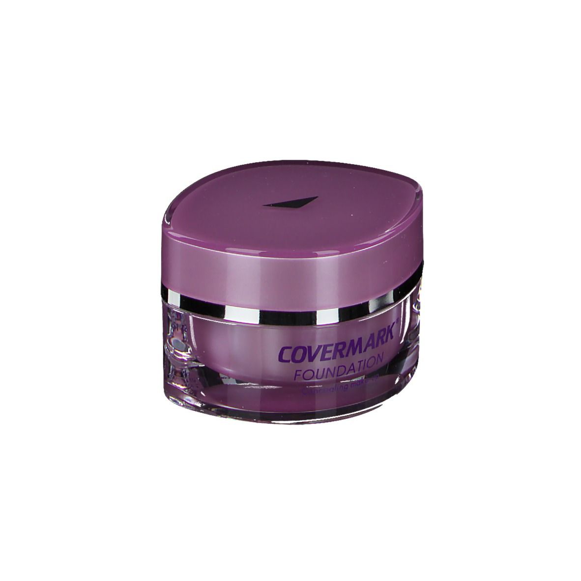 Covermark Foundation Nr. 10, couvercle lilas, pot transparent. Inscription: Covermark Foundation. Couvercle avec triangle.