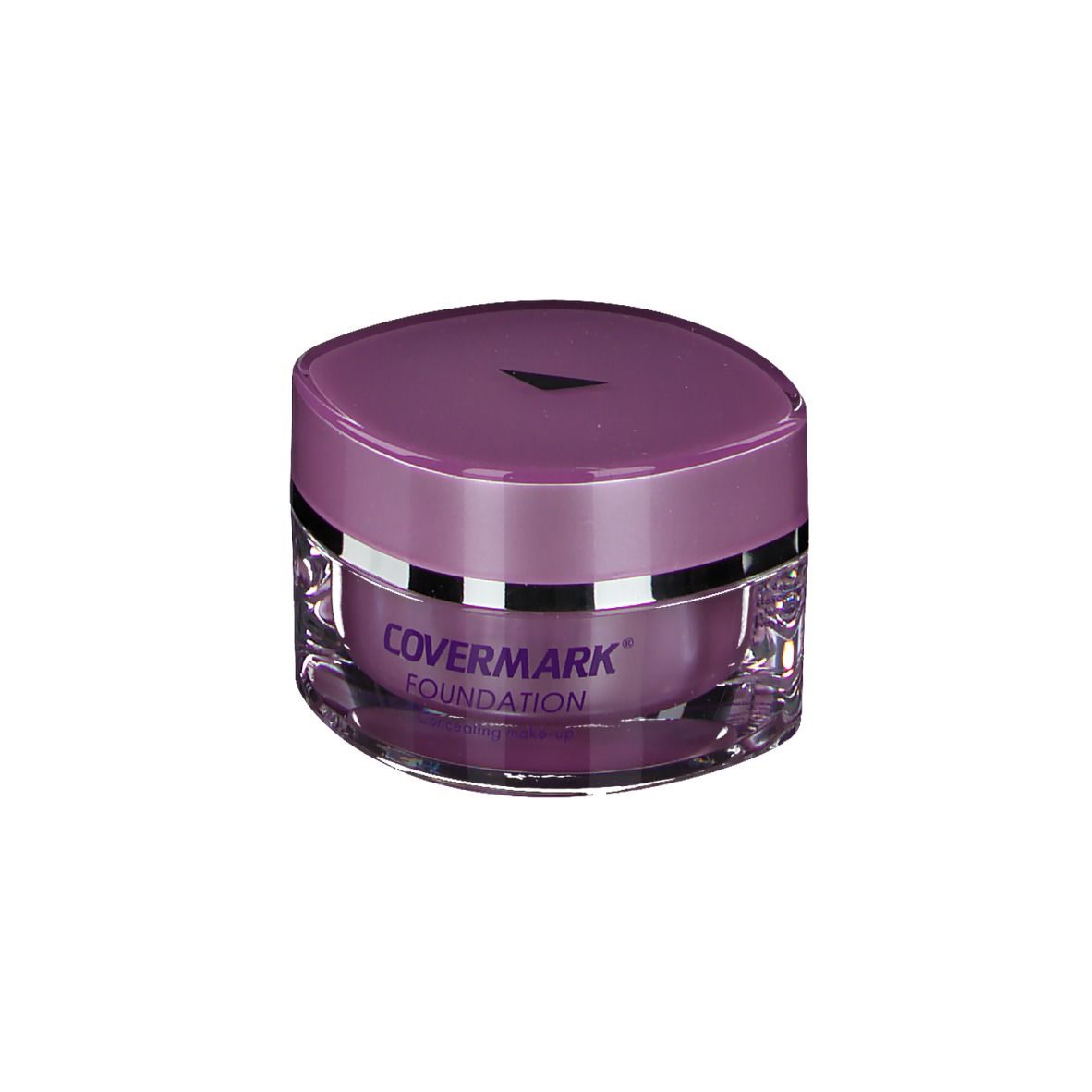 Covermark Foundation Nr. 10, couvercle lilas, pot transparent. Inscription: Covermark Foundation. Couvercle avec triangle.