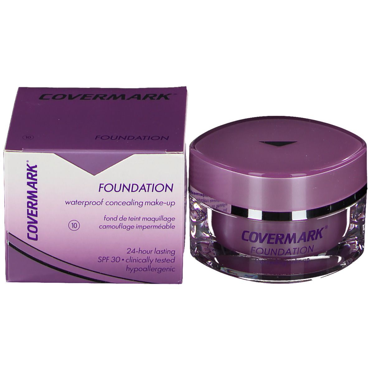 Covermark Foundation Nr. 10 et emballage. Inscription: Covermark Foundation. Texte: Waterproof, SPF 30, hypoallergénique.