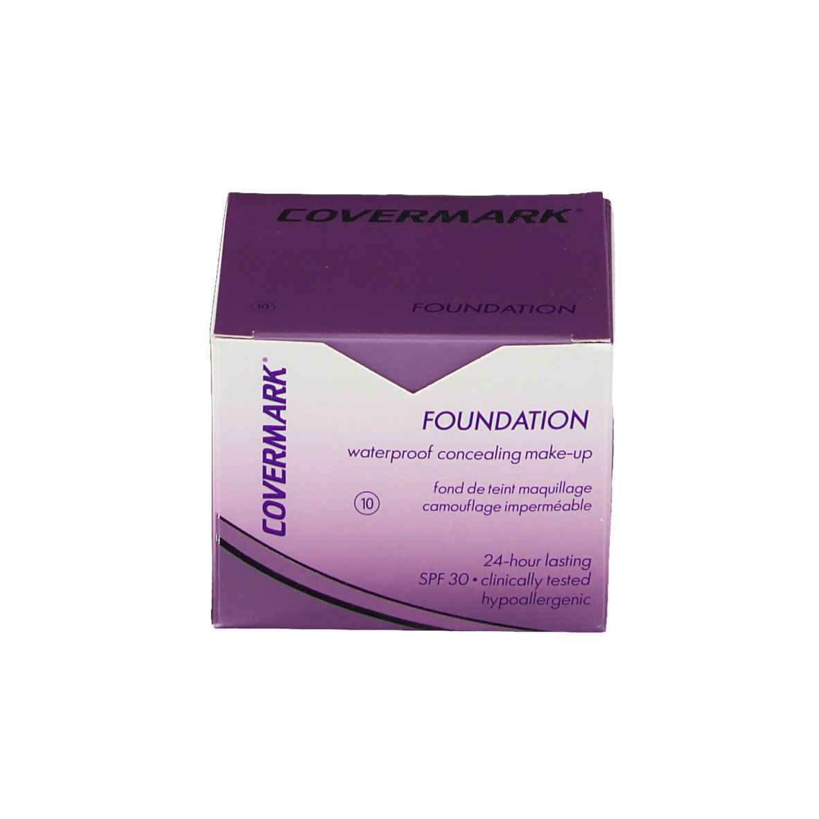 Emballage Covermark Foundation Nr. 10. Inscription: Covermark Foundation. Texte: Waterproof, SPF 30, hypoallergénique.