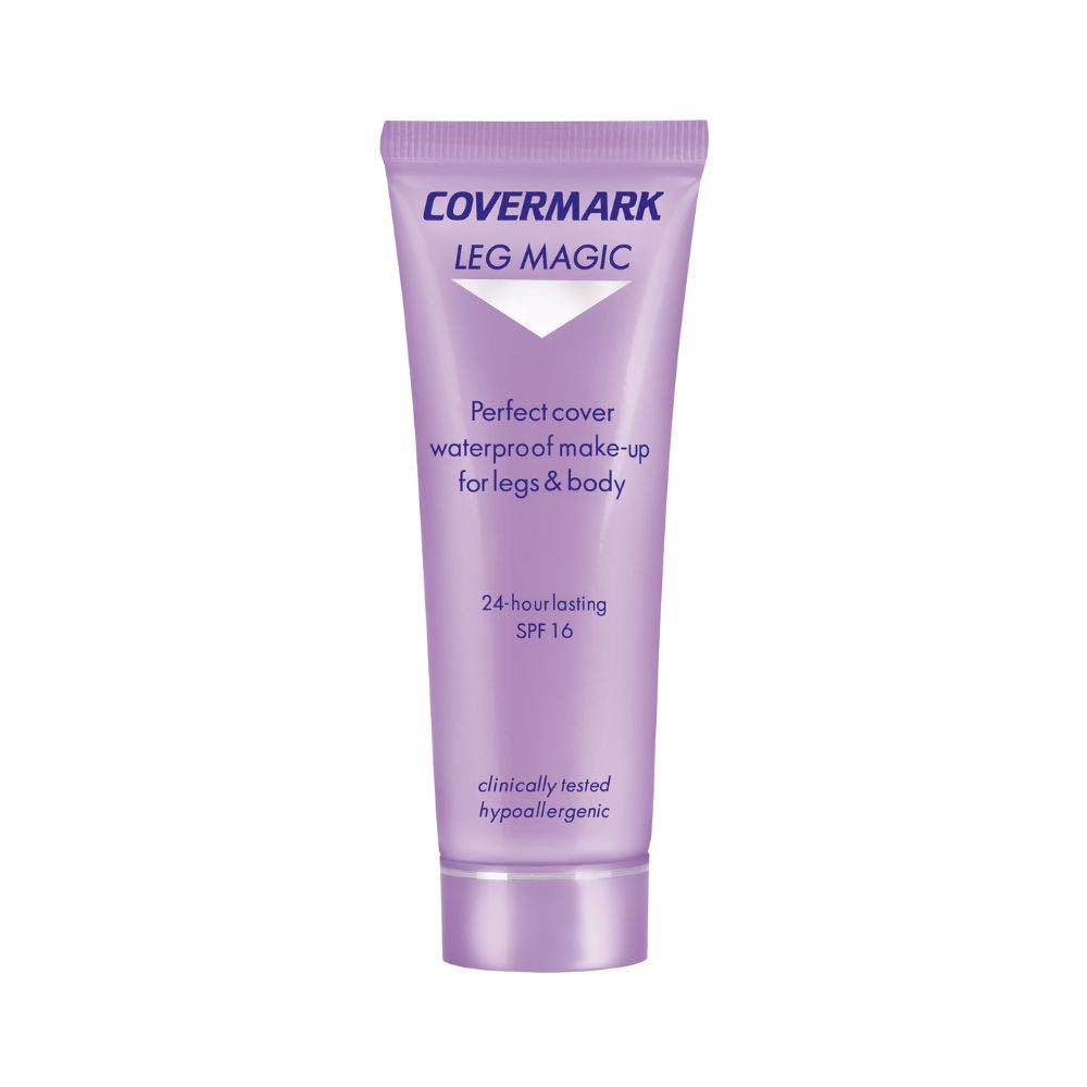 Tube COVERMARK LEG MAGIC. Tube violet avec nom et texte du produit. SPF 16. Hypoallergénique.