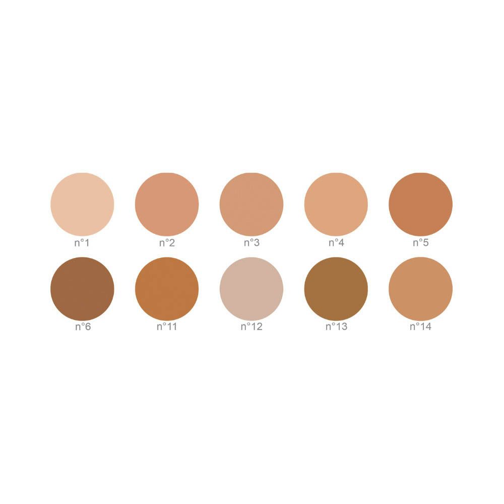Palette de couleurs COVERMARK LEG MAGIC. 10 teintes en contenants ronds. De clair à foncé.