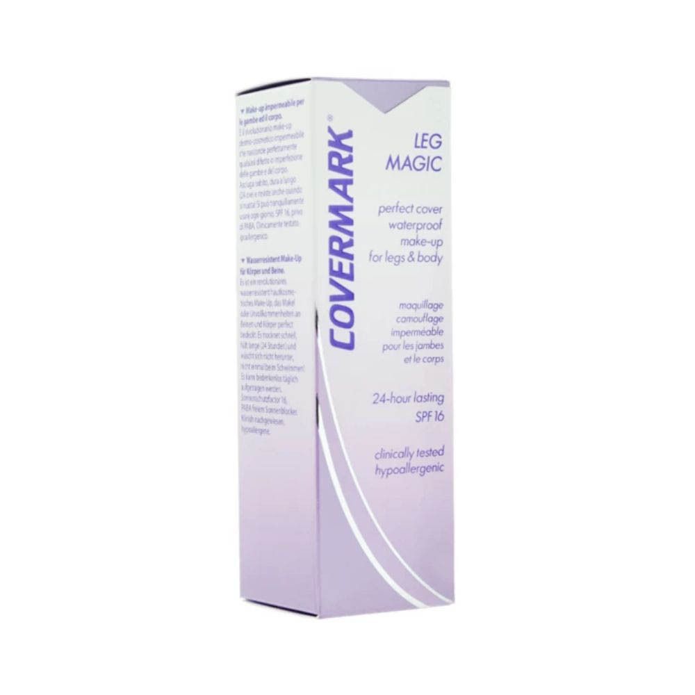 Emballage COVERMARK LEG MAGIC. Boîte violette avec nom et texte du produit. SPF 16. Hypoallergénique.