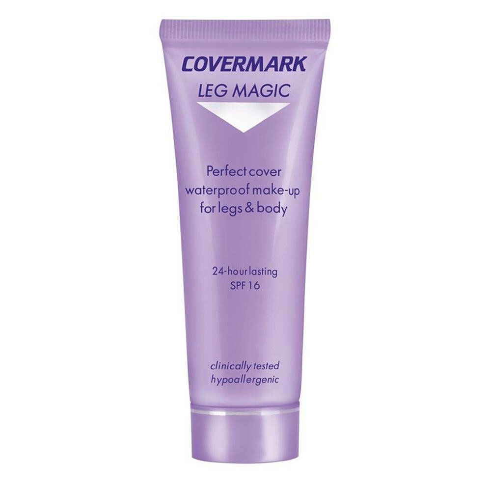 Tube COVERMARK Leg Magic. Tube violette avec informations produit. Texte: Perfect cover waterproof make-up for legs & body. SPF 16.
