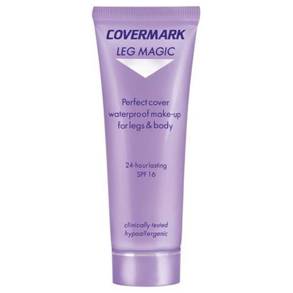 COVERMARK Leg Magic tube. Paarse tube met productinformatie. SPF 16. Hypoallergeen.