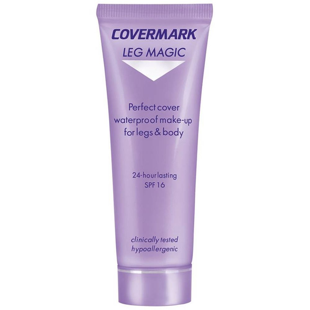Tube COVERMARK® Leg Magic. Tube lilas avec informations produit. Contient SPF 16. Testé cliniquement, hypoallergénique.