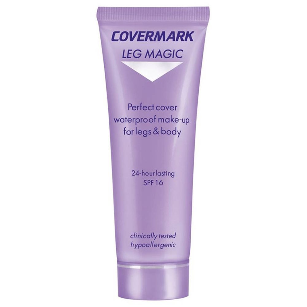 Tube COVERMARK® Leg Magic. Tube violet avec informations produit. SPF 16. Hypoallergénique.