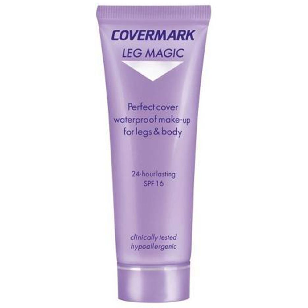 Tube Covermark Leg Magic. Tube violette avec nom et texte du produit. 24 heures, SPF 16. Testé cliniquement, hypoallergénique.