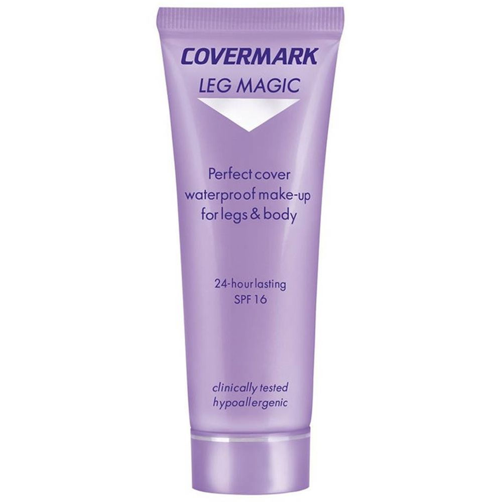Tube COVERMARK Leg Magic. Tube violet avec informations produit. Maquillage waterproof pour jambes & corps. SPF 16. Hypoallergénique.