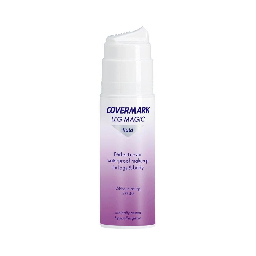 COVERMARK Leg Magic Fluid. Flacon blanc avec pompe. Texte: Perfect cover waterproof make-up for legs & body, SPF 40.