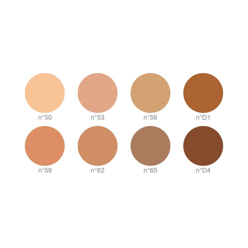 Huit échantillons de couleurs ronds dans différents tons de peau. Numéros de couleur: n°50, n°53, n°56, n°D1, n°59, n°62, n°65, n°D4.