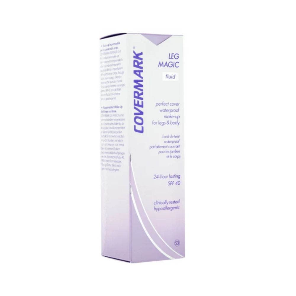 Emballage COVERMARK Leg Magic Fluid. Emballage avec image du produit et texte: Perfect cover waterproof make-up for legs & body.