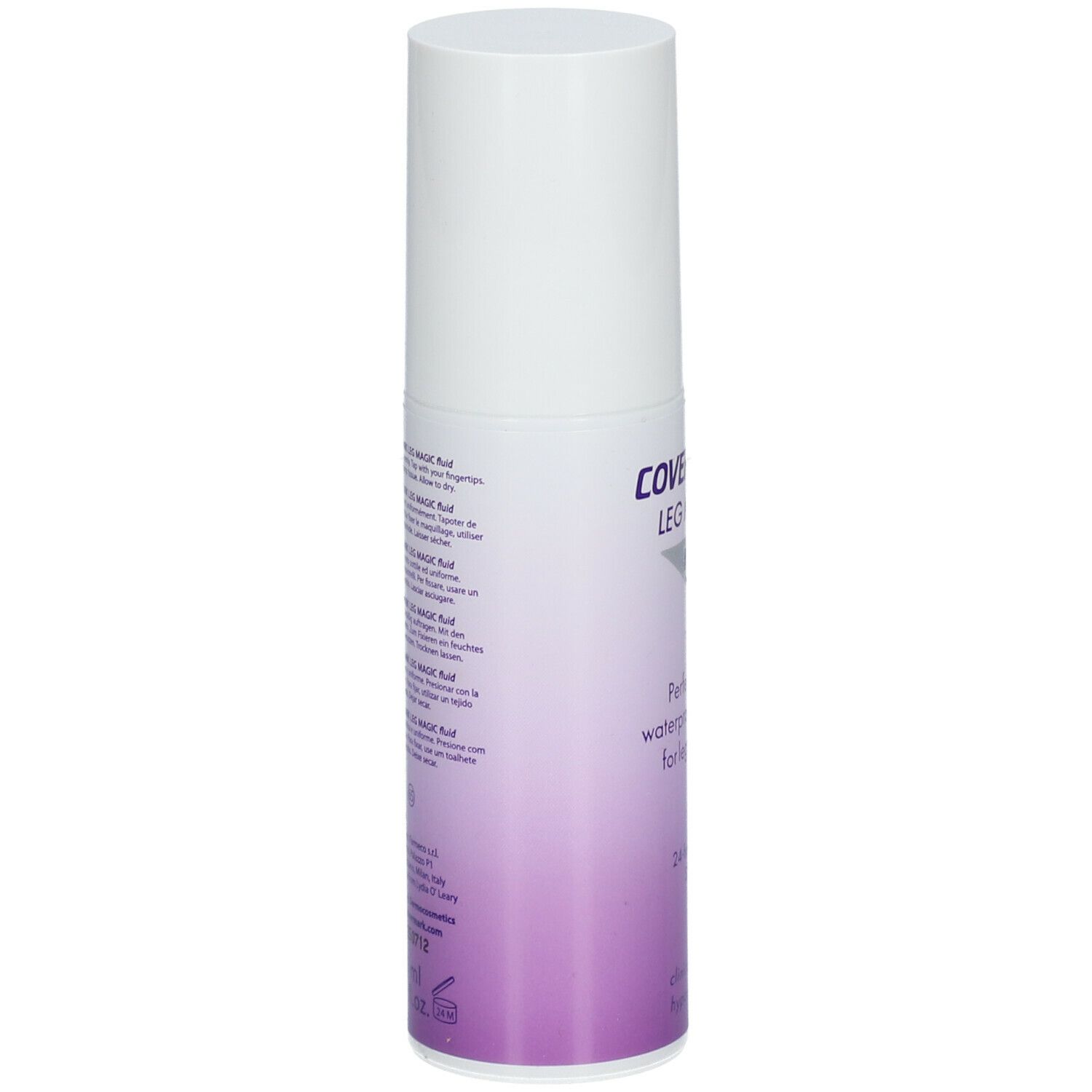 COVERMARK Leg Magic Fluid. Weiße Flasche mit Text. Text in mehreren Sprachen. Produktinformationen. Rückansicht.