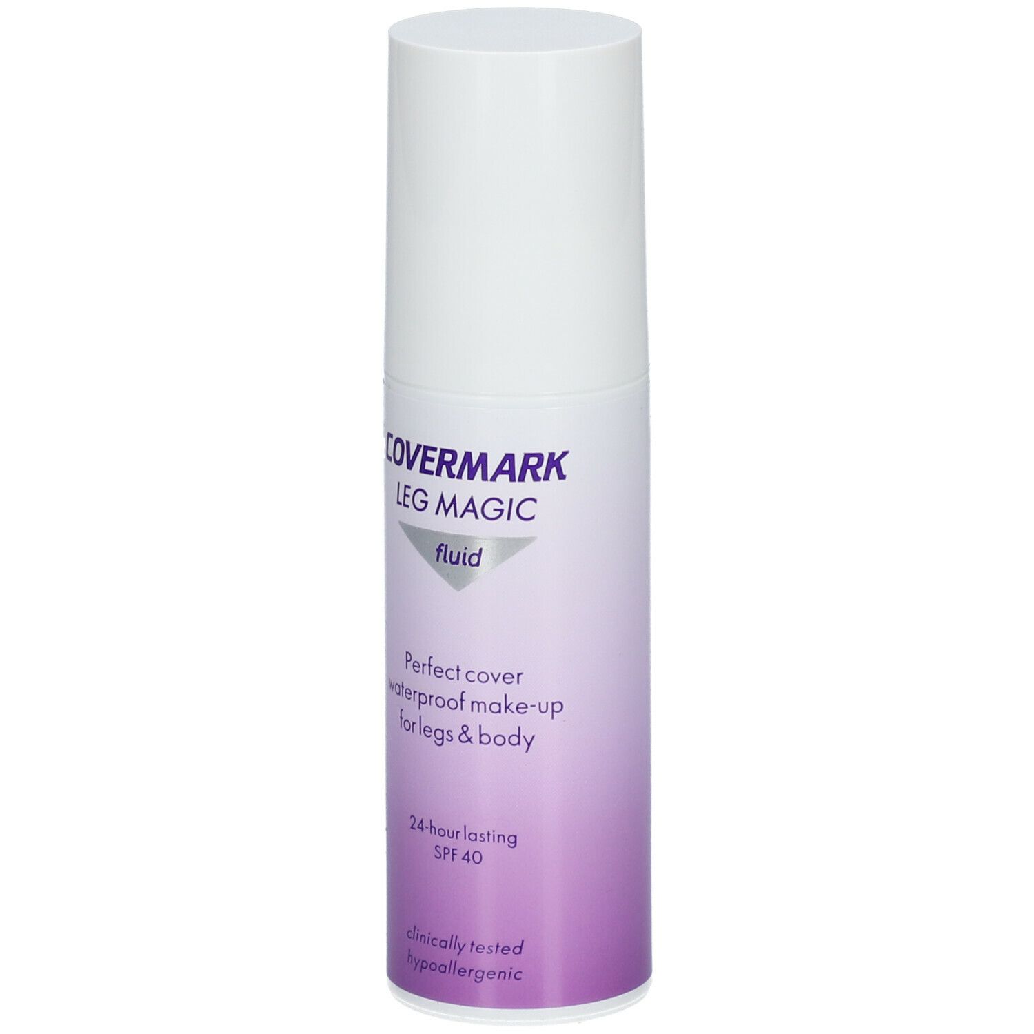 COVERMARK Leg Magic Fluid. Weiße Flasche mit lila Farbverlauf. Text: Perfect cover waterproof make-up for legs & body. SPF 40.