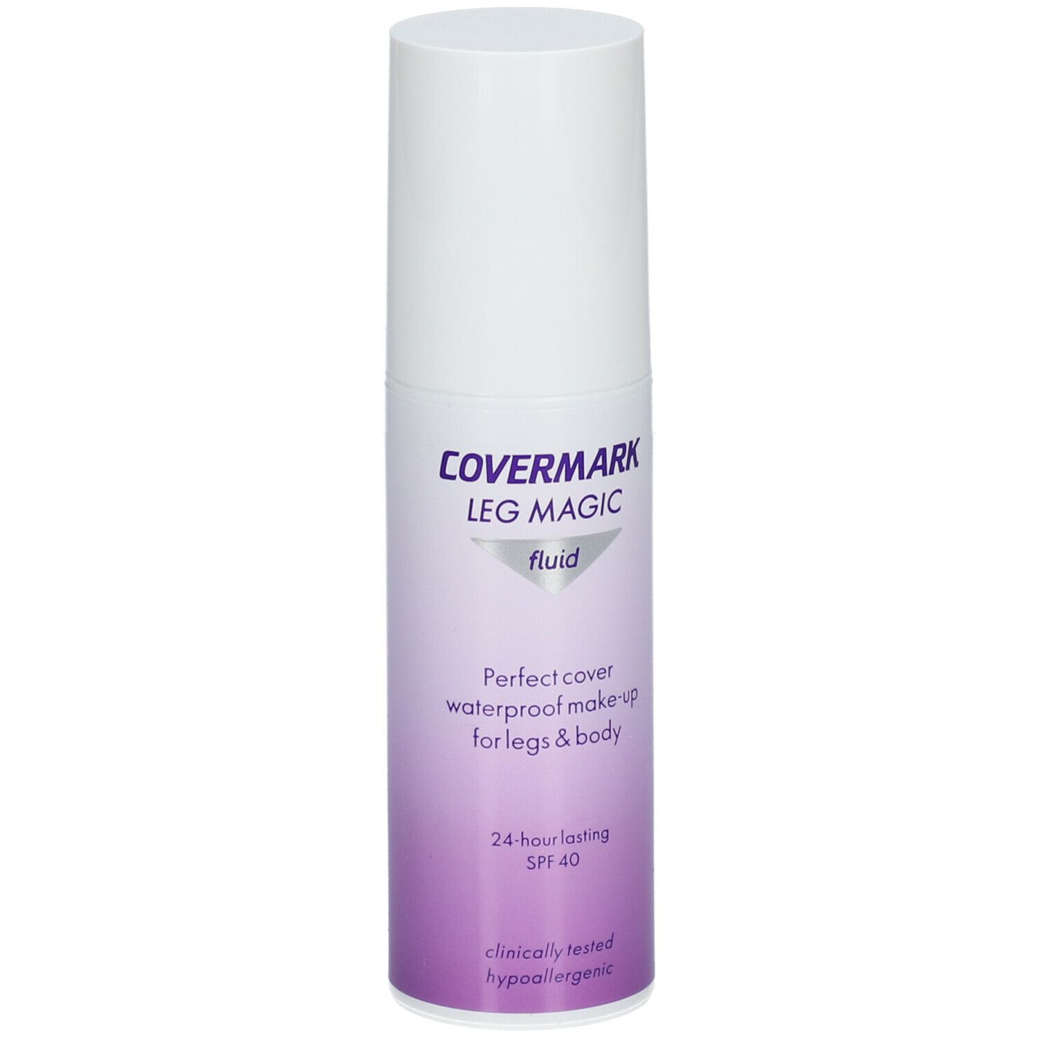 COVERMARK Leg Magic Fluid. Weiße Flasche mit lila Farbverlauf. Text: Perfect cover waterproof make-up for legs & body. SPF 40.