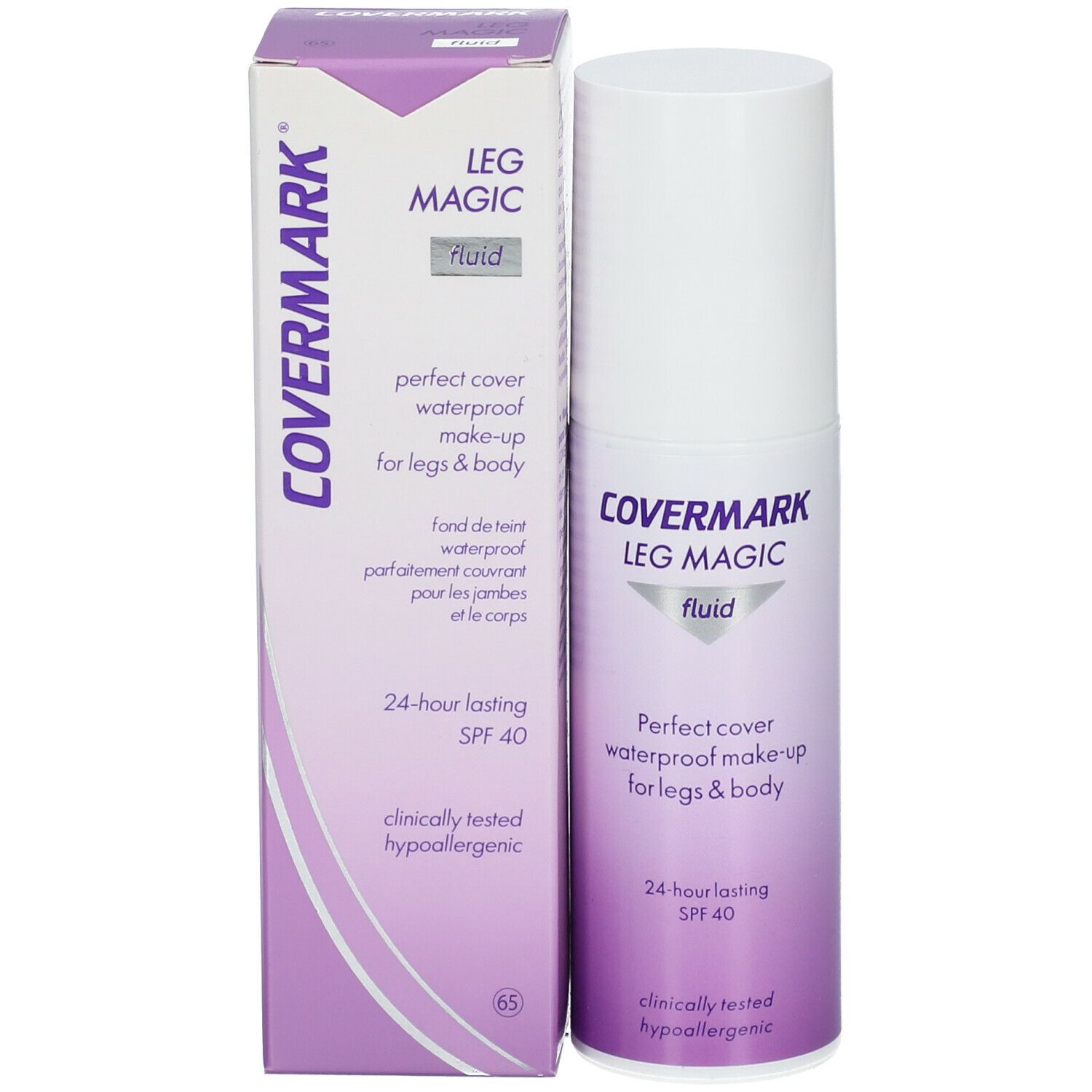 COVERMARK Leg Magic Fluid und Verpackung. Weiße Flasche und Karton. Text: Perfect cover waterproof make-up for legs & body. SPF 40.