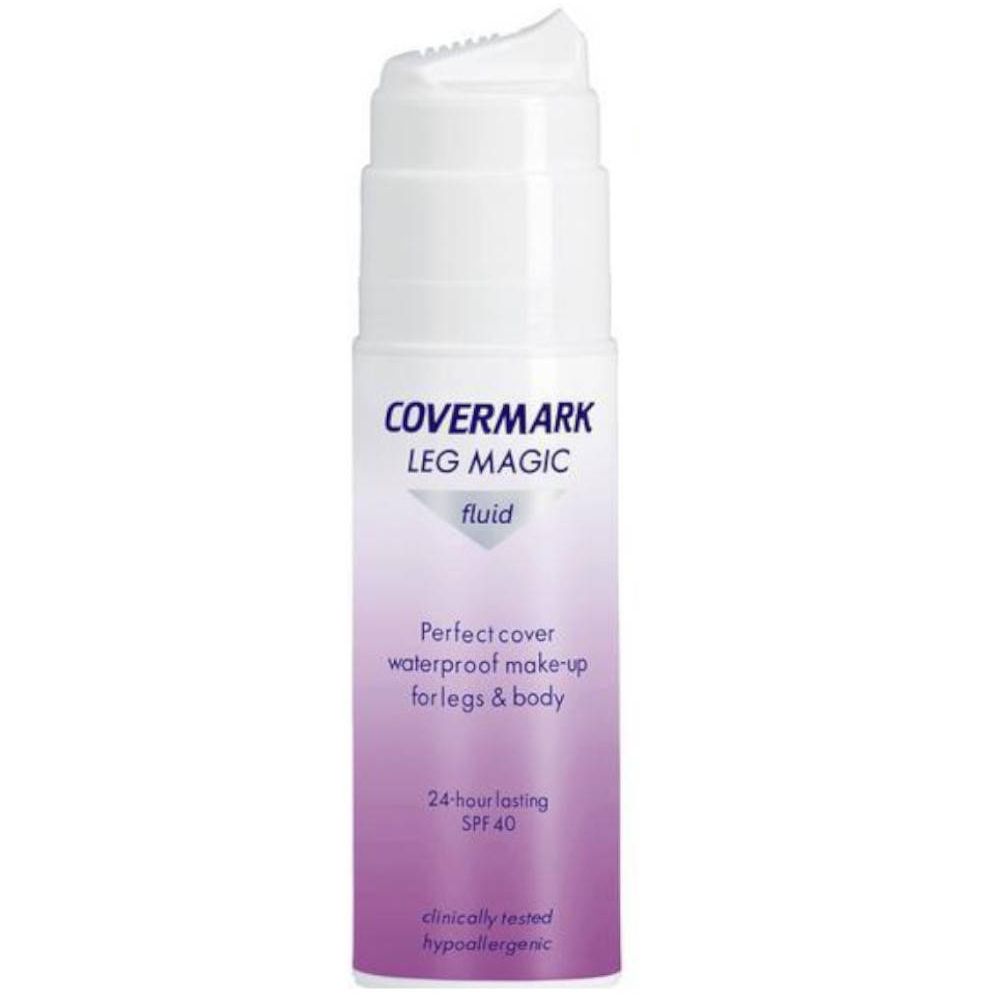 COVERMARK Leg Magic Fluid. Fles met pompkop en paarse kleurovergang. Productnaam en tekst op de fles.