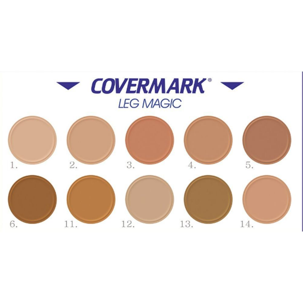 COVERMARK Leg Magic. Kleurenpalet met 10 tinten in ronde containers. Productnaam en logo bovenaan.