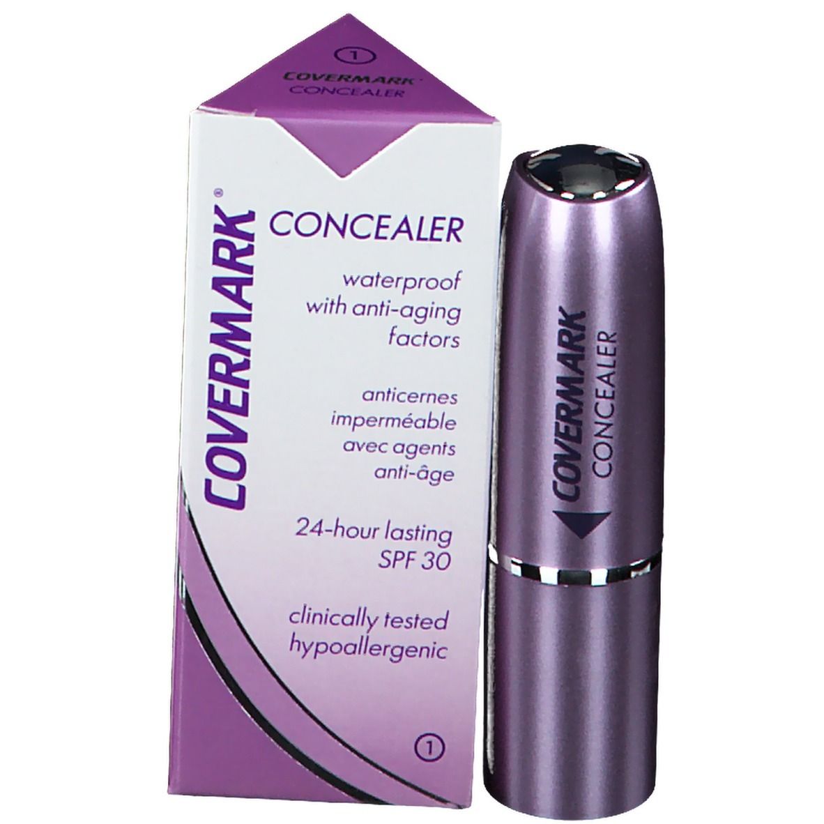 COVERMARK® Concealer Nr. 1 et emballage. L'emballage indique : Concealer, résistant à l'eau, avec facteurs anti-âge.