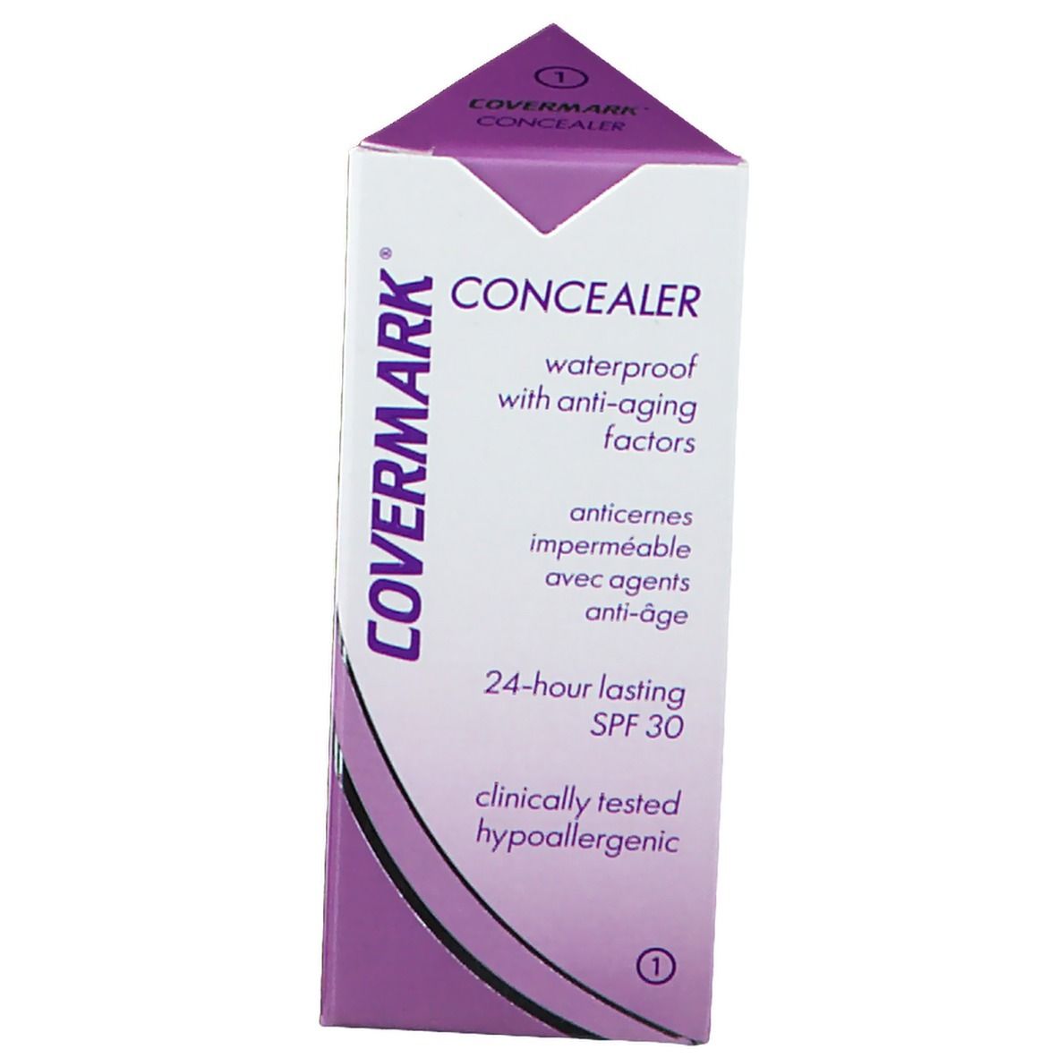 Emballage COVERMARK® Concealer Nr. 1. L'emballage indique : Concealer, résistant à l'eau, avec facteurs anti-âge.
