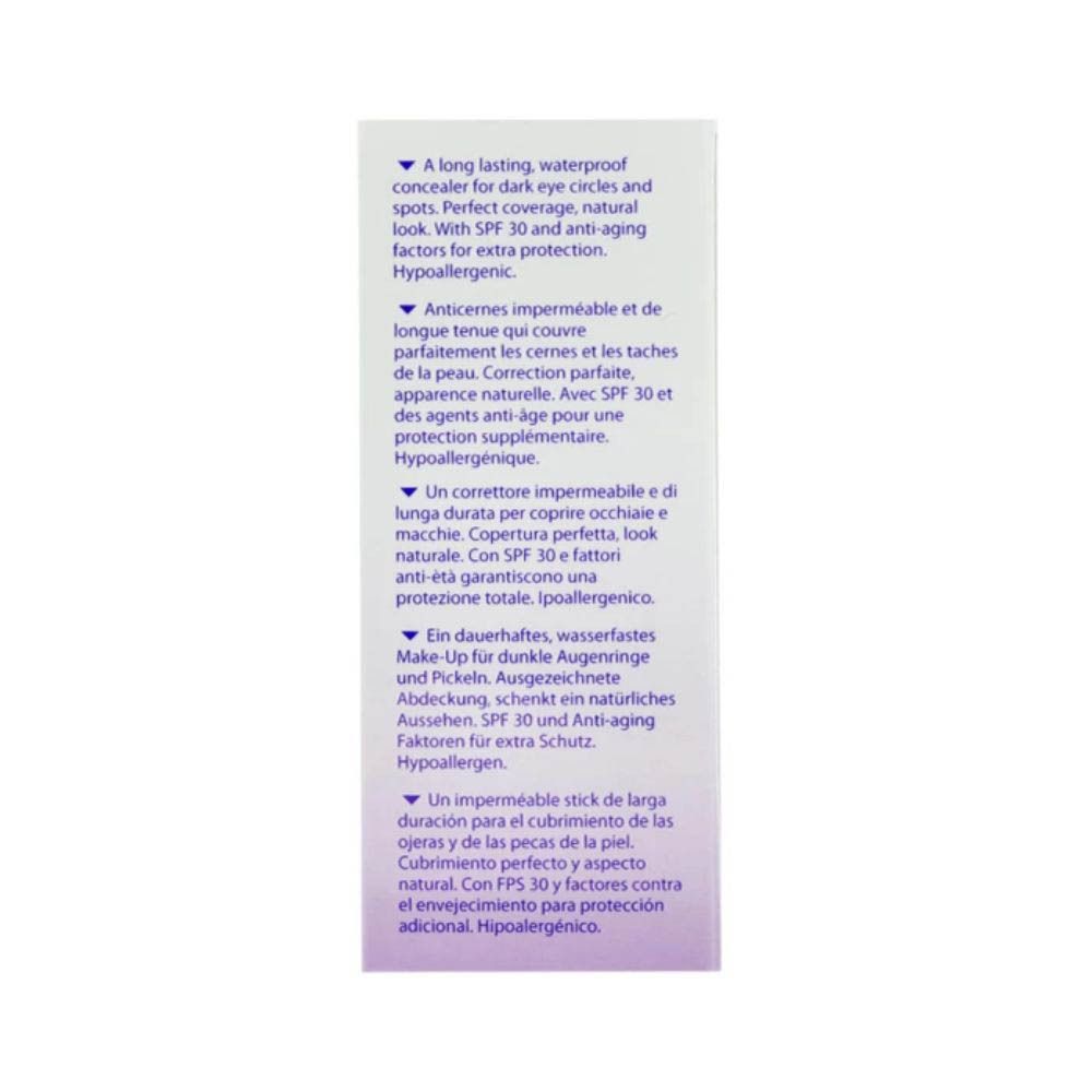 Texte sur l'emballage de COVERMARK® Concealer. Décrit des propriétés telles que résistant à l'eau et facteurs anti-âge.