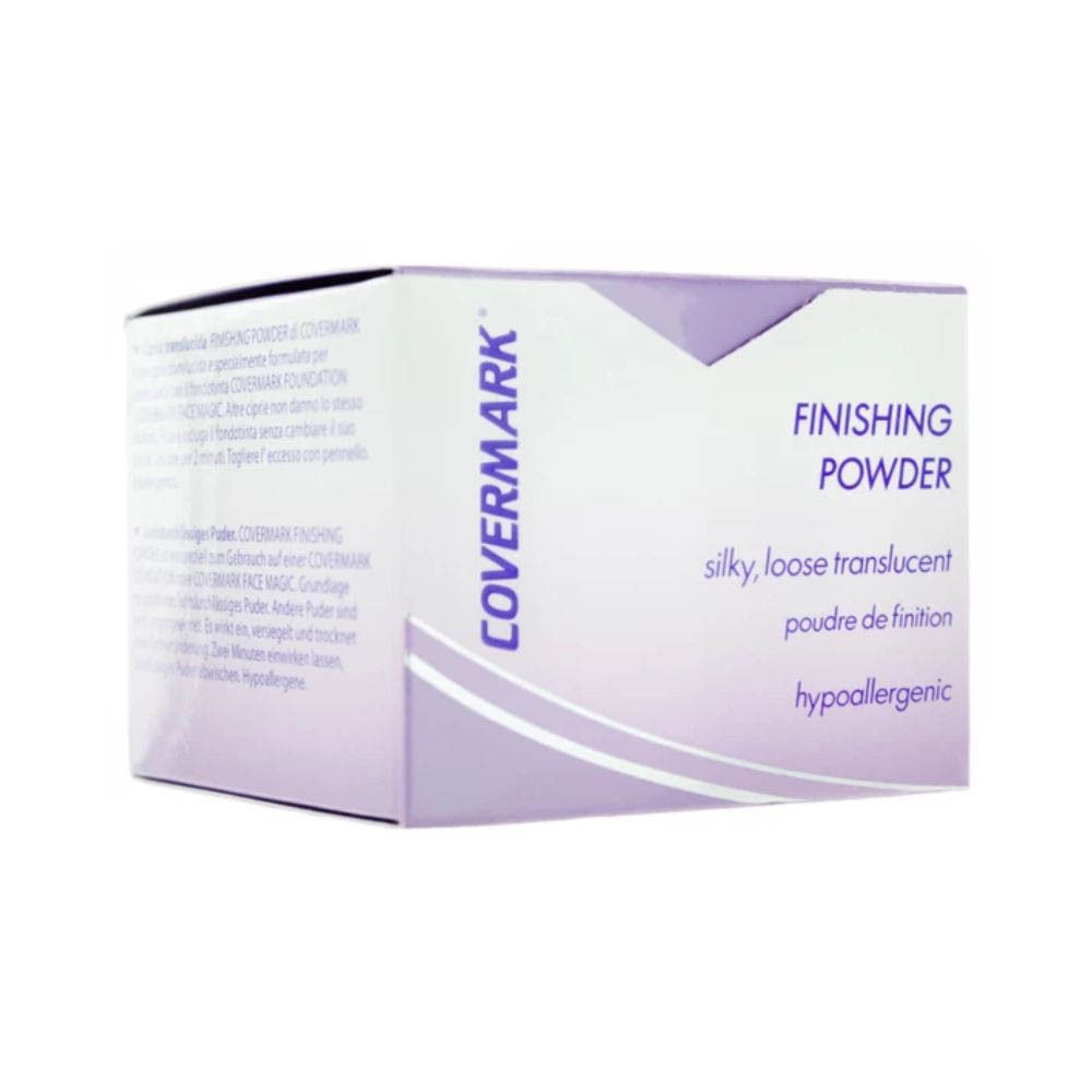 COVERMARK Finishing Puder. Boîte violette avec nom et logo du produit. Texte : Finishing Puder, hypoallergénique.