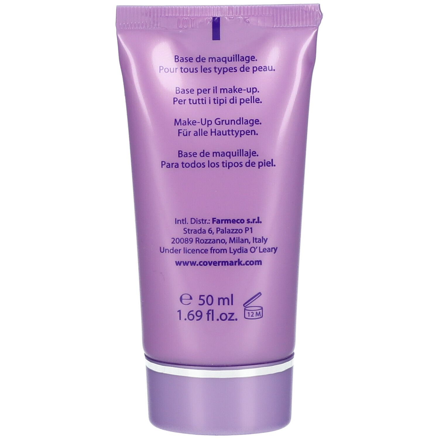 Rückseite der COVERMARK Magic Shield Make-up Base Tube. Text in mehreren Sprachen. 50 ml. Ipoallergenico.