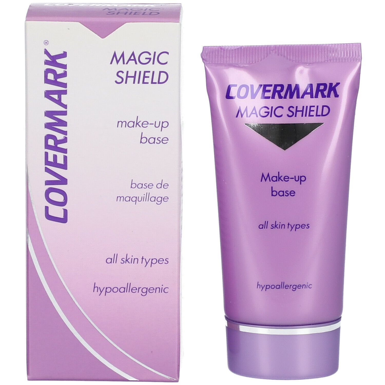 COVERMARK Magic Shield Make-up Base Tube und Karton. Lila Tube und Karton mit weißer Schrift. Für alle Hauttypen. Hypoallergen.
