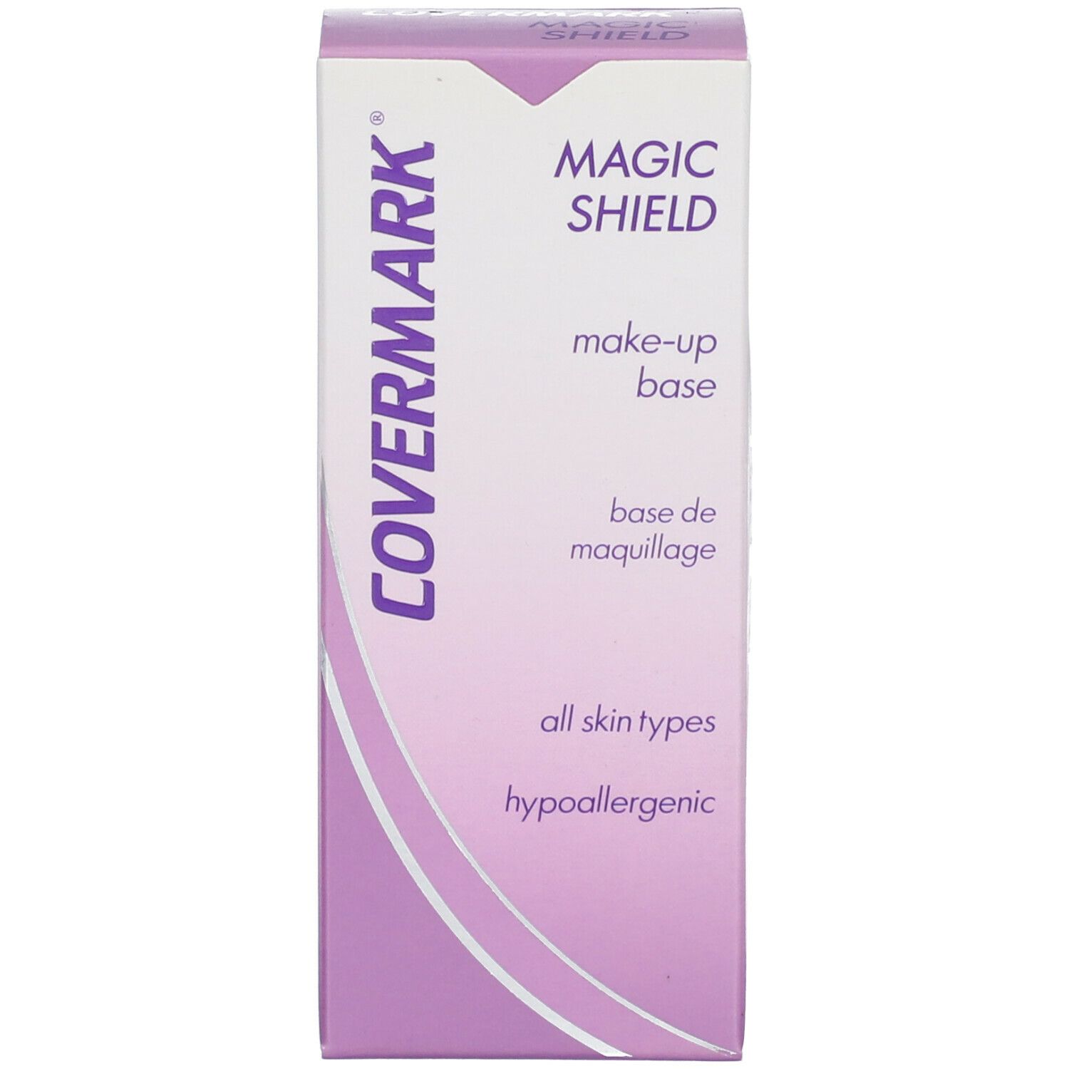 COVERMARK Magic Shield Make-up Base Karton. Weißer Karton mit lila Akzenten und Text. Für alle Hauttypen. Hypoallergen.