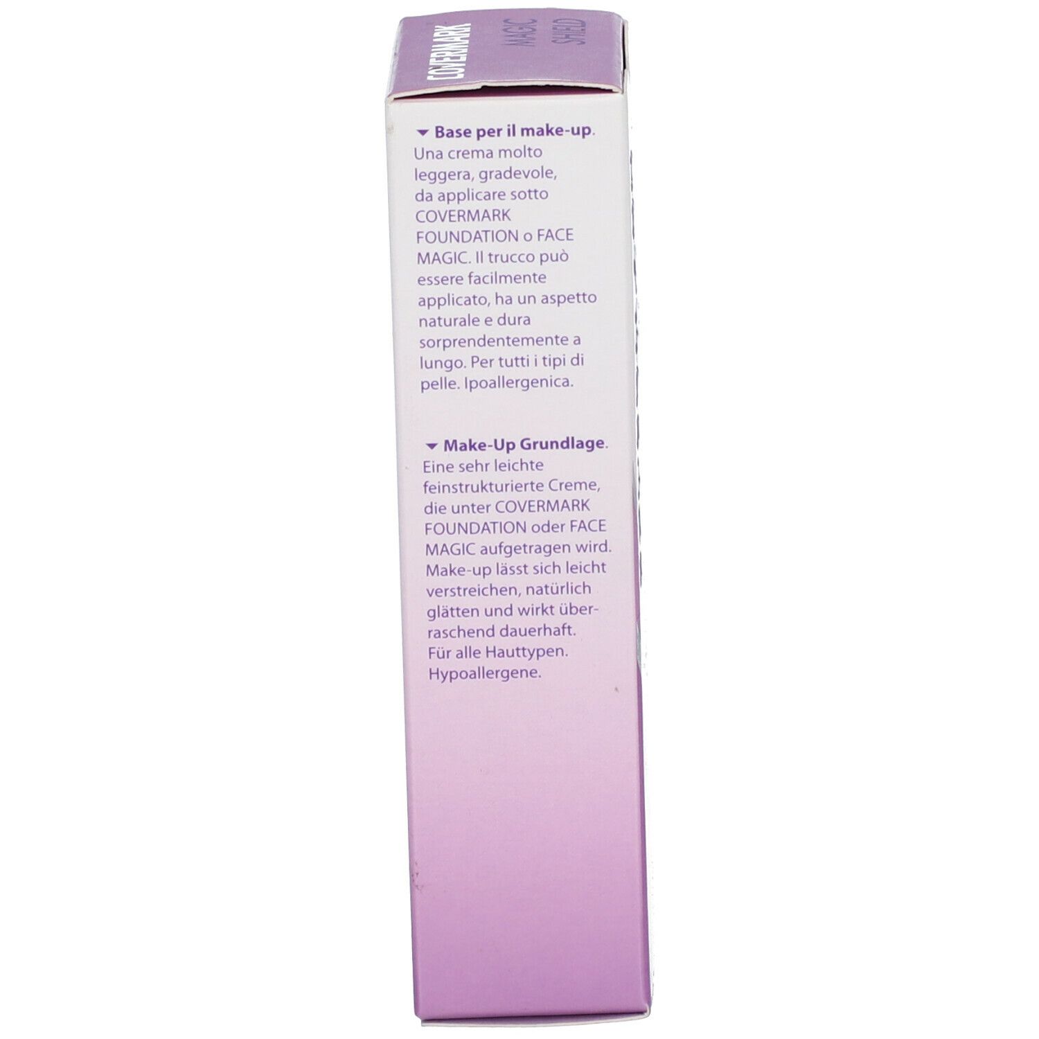 Seite der COVERMARK Magic Shield Make-up Base Karton. Text in mehreren Sprachen. Hypoallergen.