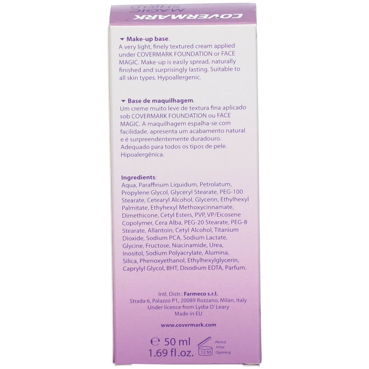 Seite der COVERMARK Magic Shield Make-up Base Karton. Inhaltsstoffe und Text in mehreren Sprachen. 50 ml.