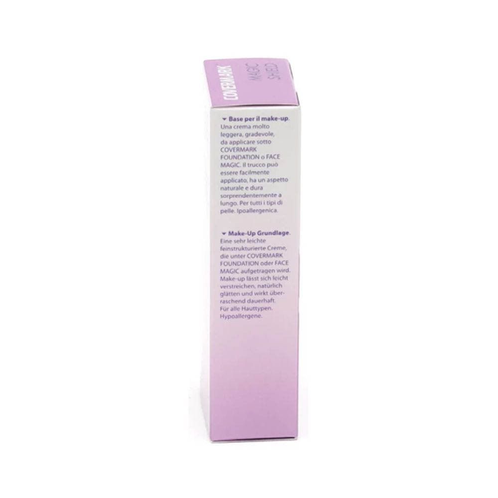 Côté de la boîte COVERMARK Magic Shield Make-up base. Texte multilingue. Hypoallergénique.