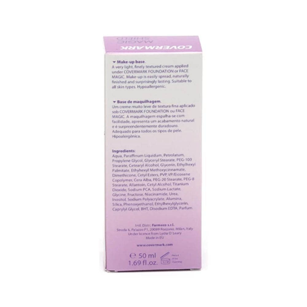 Côté de la boîte COVERMARK Magic Shield Make-up base. Ingrédients et texte multilingue. 50 ml.
