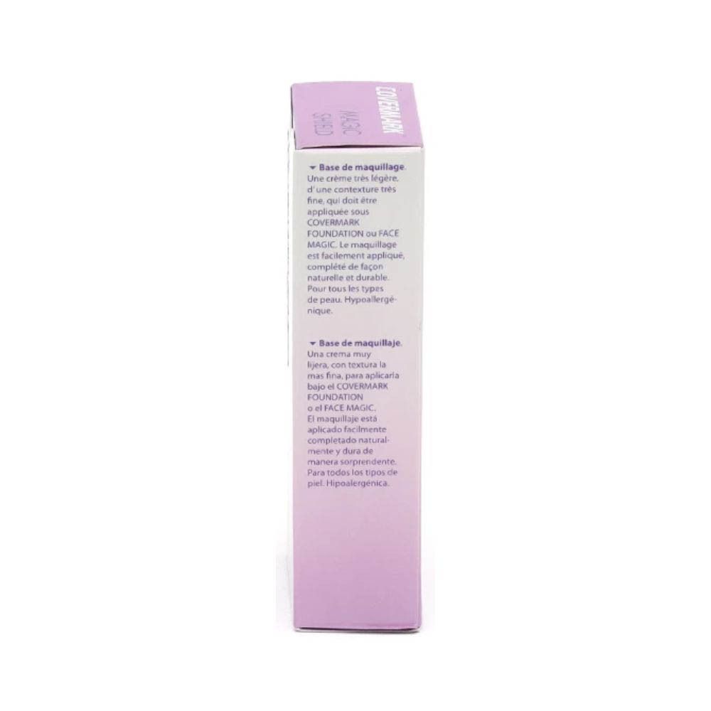 Côté de la boîte COVERMARK Magic Shield Make-up base. Texte multilingue. Hypoallergénique.